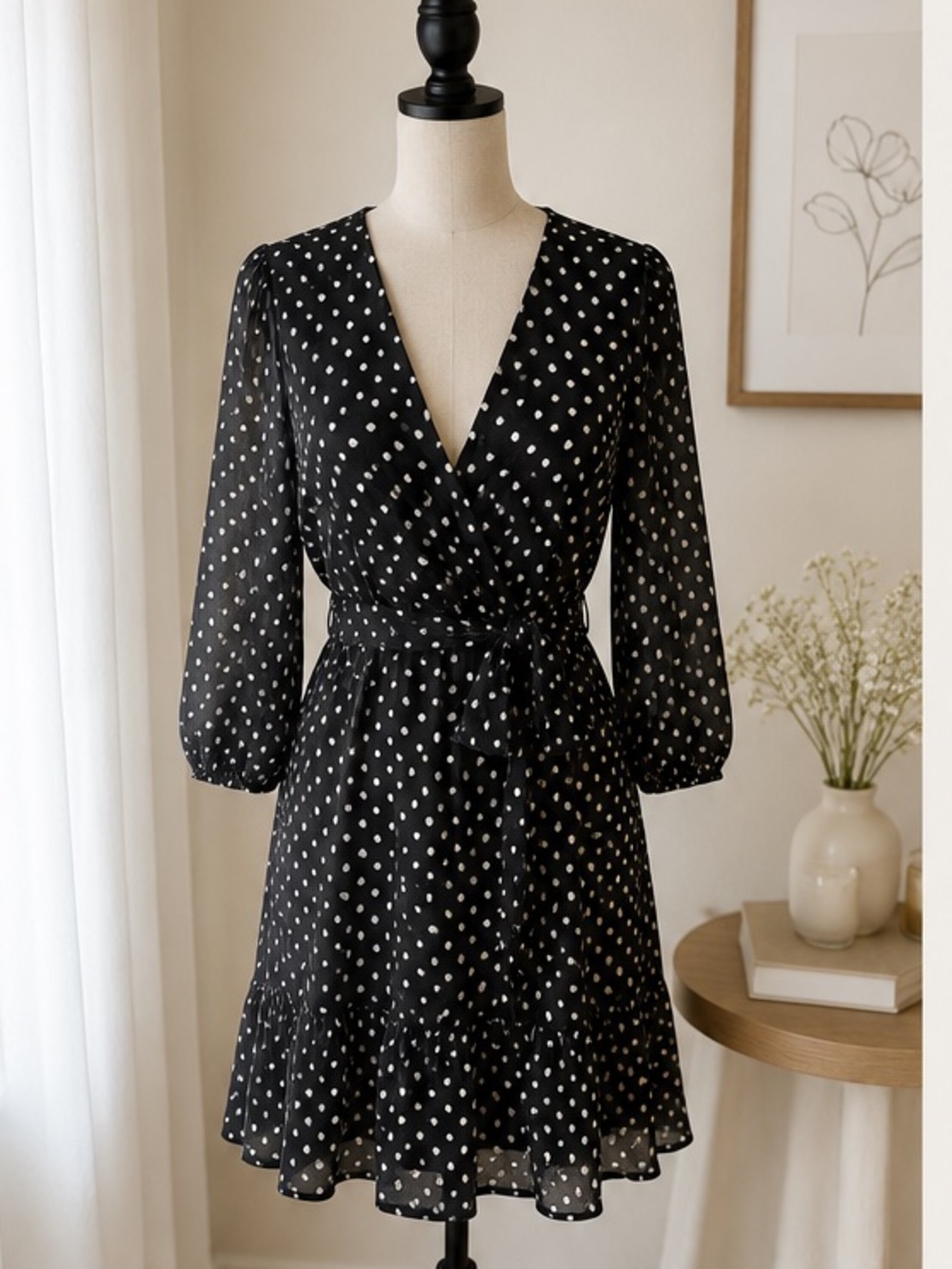 Calvin Klein Black Polka Dot Wrap-Style Mini Dress